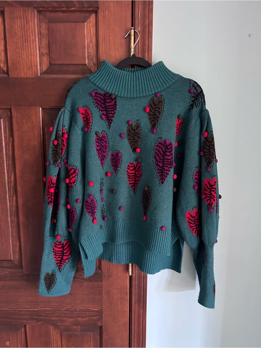 FARM Rio Teal Heart Pom-Pom Turtleneck Sweater - L